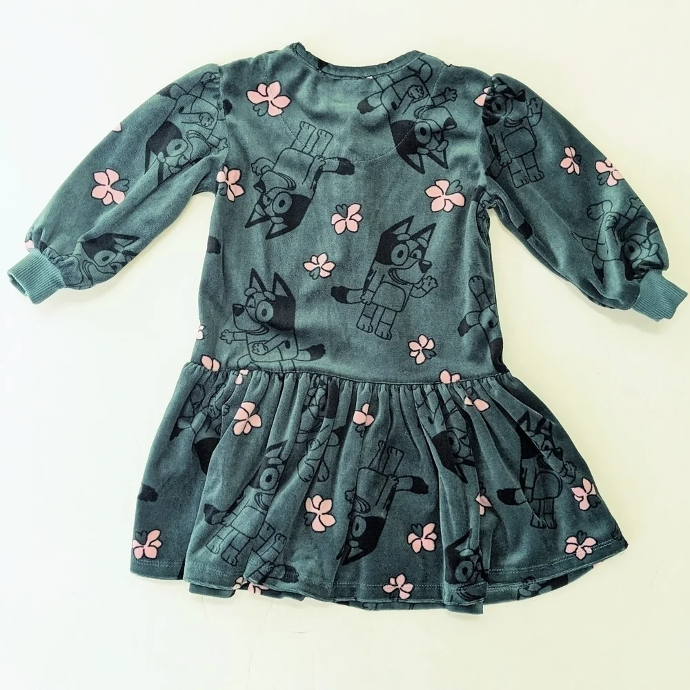 ⚡Toddler Girls' Bluey Velour Dress - Teal Blue